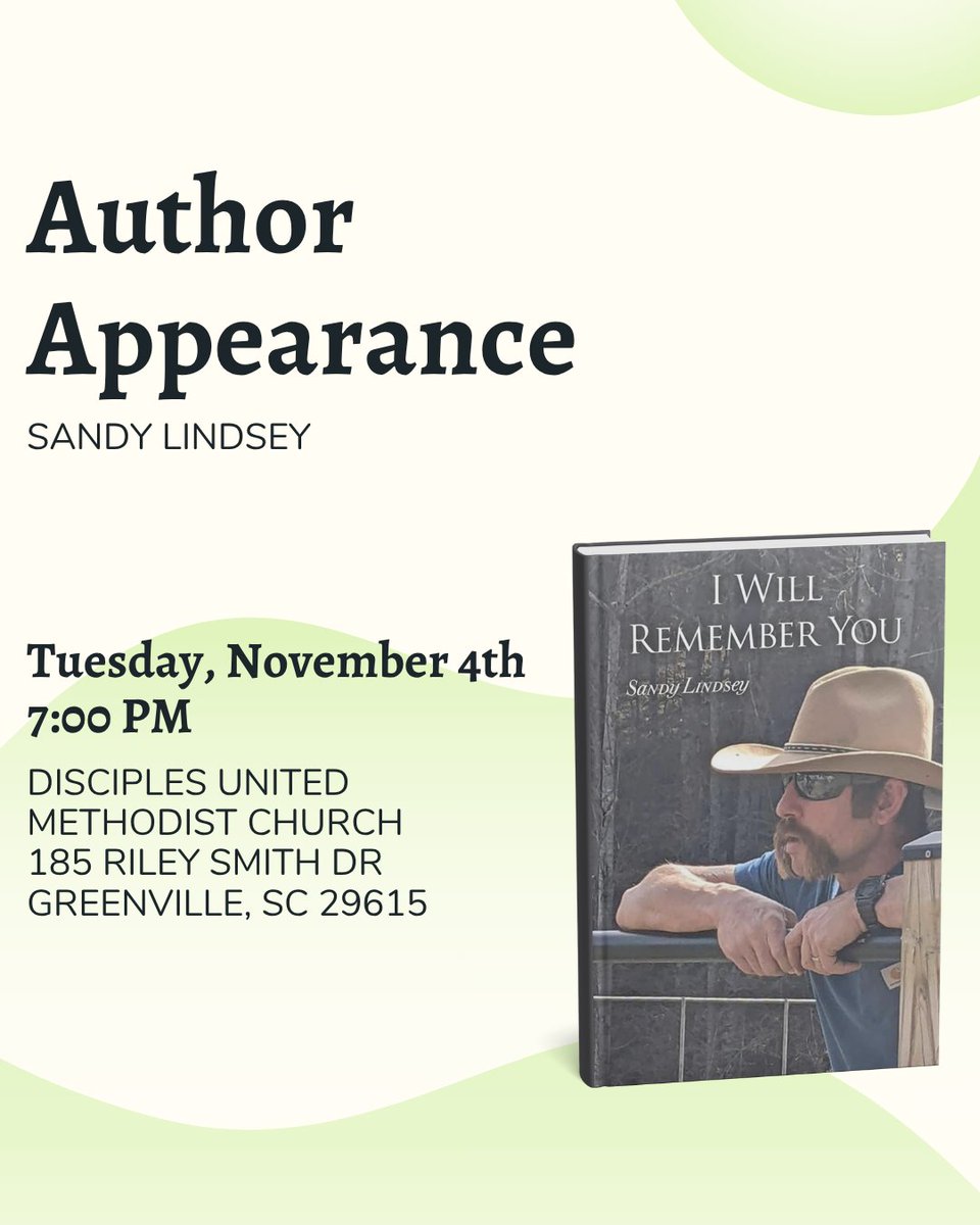 Author Sandy Lindsey will be at Disciples United Methodist Church in Greenville, SC on 11/4. #Biography #BookSigning #AuthorEvent