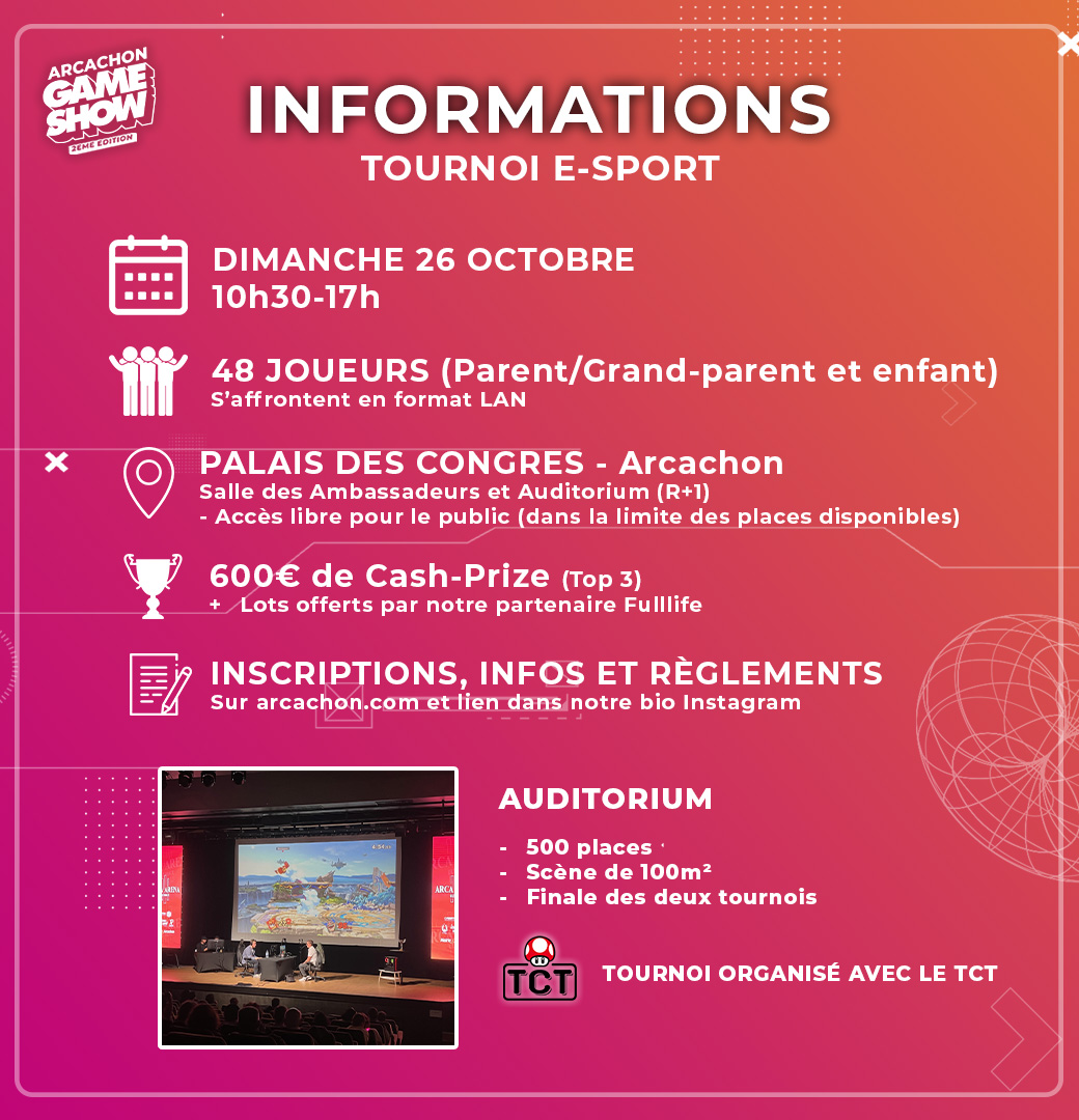 ▶️ TOURNOI ESPORT 

📍 Palais des Congrès - Arcachon
🎮 48 joueurs en mode LAN
💸 Un cash-prize de 600€ pour le top 3 + lots
🕑 10h30 à 17h

🔴 Plus d'infos et billetterie sur linktr.ee/ags_event