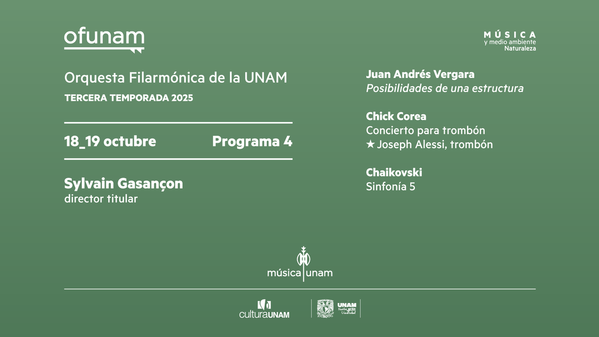 OFUNAM's tweet photo. Este fin de semana nuestro programa reúne obras del repertorio sinfónico tradicional con música contemporánea del continente americano.

El programa inicia con “Posibilidades de una estructura” de Juan Andrés Vergara, obra inspirada en el trabajo del arquitecto y diseñador Eduardo Terrazas. Sigue el Concierto para trombón de Chick Corea, escrito para el trombonista Joseph Alessi, quien será el encargado de interpretarla en esta ocasión. Finaliza con la Sinfonía núm. 5 de Piotr Ilich Chaikovski, interpretada como una reflexión sobre el inevitable “Destino”.

Participan: Sylvain Gasançon, director titular / Joseph Alessi, trombón

18 y 19 octubre | Sala Nezahualcóyotl
• Más información: https://t.co/vFz18svMhm

#MúsicaUNAM #CulturaUNAM @SAOFUNAM