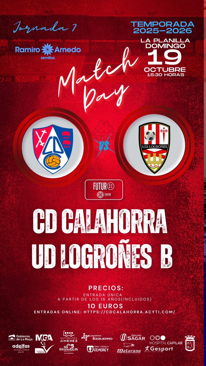 cdcalahorra's tweet photo. Importantisimo partido este domingo. .
🔴🔵⚽️ 𝗣𝗥𝗢́𝗫𝗜𝗠𝗢 𝗣𝗔𝗥𝗧𝗜𝗗𝗢 𝗗𝗘𝗟 𝗖𝗗 𝗖𝗔𝗟𝗔𝗛𝗢𝗥𝗥𝗔 ⚽️ 

🏆7ª Jornada de liga

🆚 UD Logroñes

🏟️ La Planilla

📅 19 octubre 

⏰ 16:30 h

#calahorraudlogroñesb
#ciudadrojilla
#ramiroarnedo
#genergy https://t.co/5wsKOFi0D6
