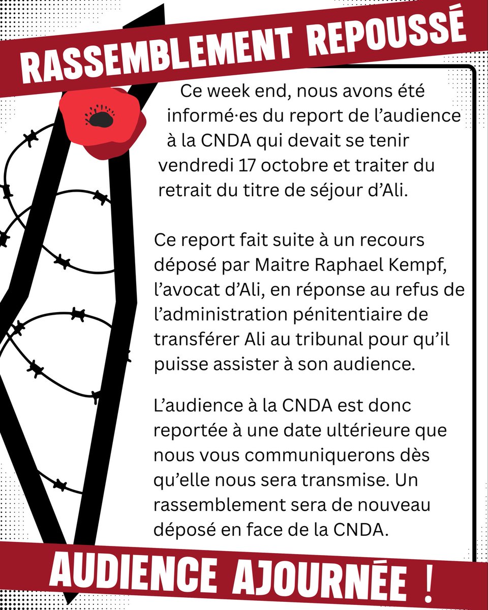 🇵🇸 Rassemblement du 17 octobre repoussé, audience ajournée ! On continue de rester mobilisé•es et de relayer la situation d’Ali ! 

Non à la criminalisation des réfugié•es palestinien•nes ! 

#LiberezAli