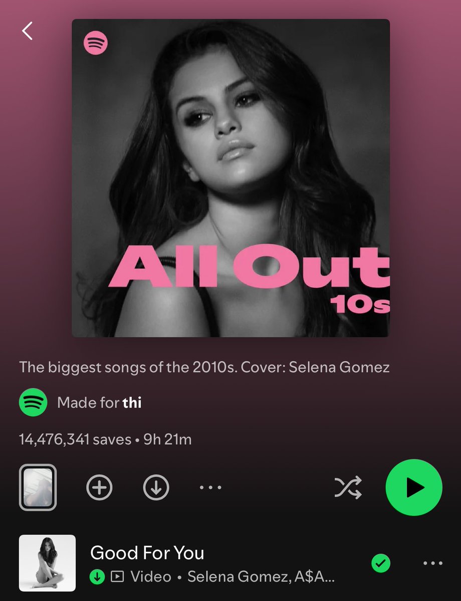 GomezAnalytics's tweet image. .@SelenaGomez’s “Good For You” is the #1 and cover of Spotify’s “All Out 10s” playlist with over 14 million followers.
— The song is now 120 million streams away from reaching 1 billion streams in the platform.