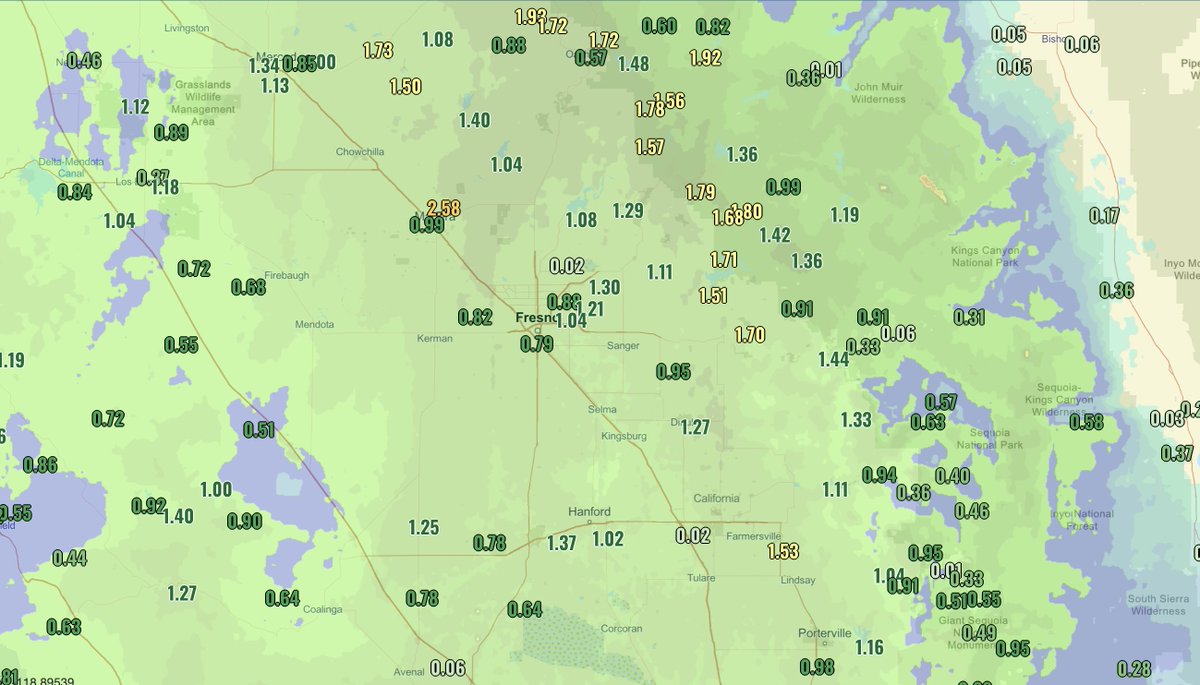 VERY impressive rain totals through 10 am!
Fresno: 1.04"
Los Banos: 1.18"
Porterville: 1.16"
Merced: 1.13"
Hanford: 1.02"
Madera: 0.99"

And we're not done. More rain will fall today.
The snow level dropped below 6k last night, &amp; snow did fall at Shaver Lake this morning. #CAwx