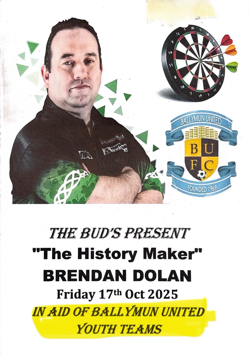 Fancy throwing darts against the History maker ??? Turn up this Friday with your arrows and give it a go,  get your name down contact 
Sandra on +353 (87) 295 8824
Ian on (085) 152 0240