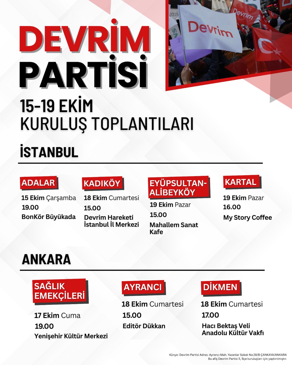 📢 Devrim Partisi Kuruluş Toplantıları Devam Ediyor 

🗓 15 Ekim Çarşamba

📍Adalar - 19.00 - Bonkör Büyükada

🗓 17 Ekim Cuma 

📍Sağlık Emekçileri - 19.00 - Yenişehir Kültür Merkezi 
 
🗓 18 Ekim Cumartesi 

📍Ayrancı - 15.00 - Editör Dükkan

📍Kadıköy - 15.00 - Devrim Hareketi