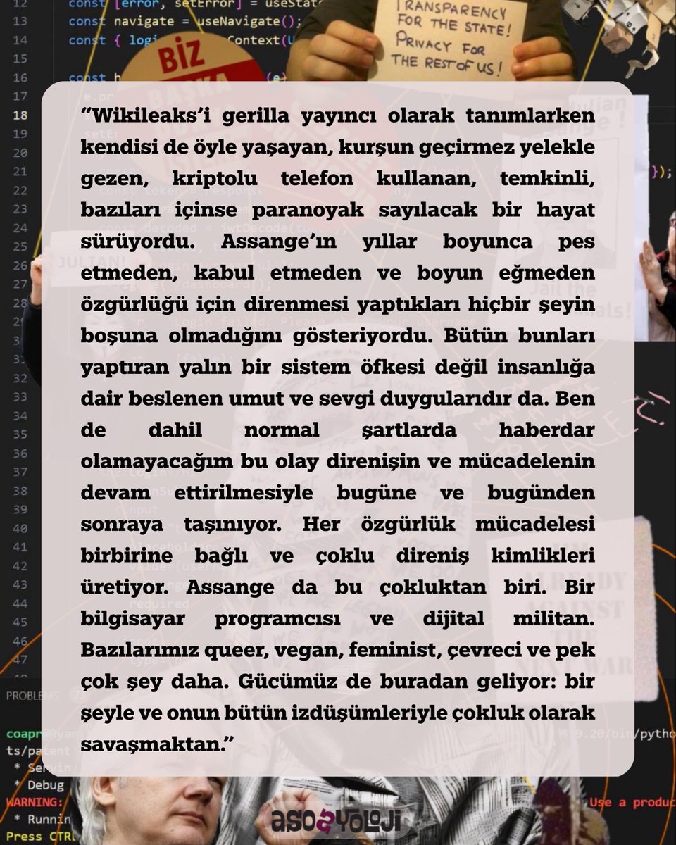 Blog✍️ | Melek Bulut yazdı: “Günümüz Direniş Öznellikleri: Dijital Militanlık Olarak Wikileaks”

asosyoloji.com/gunumuz-direni…