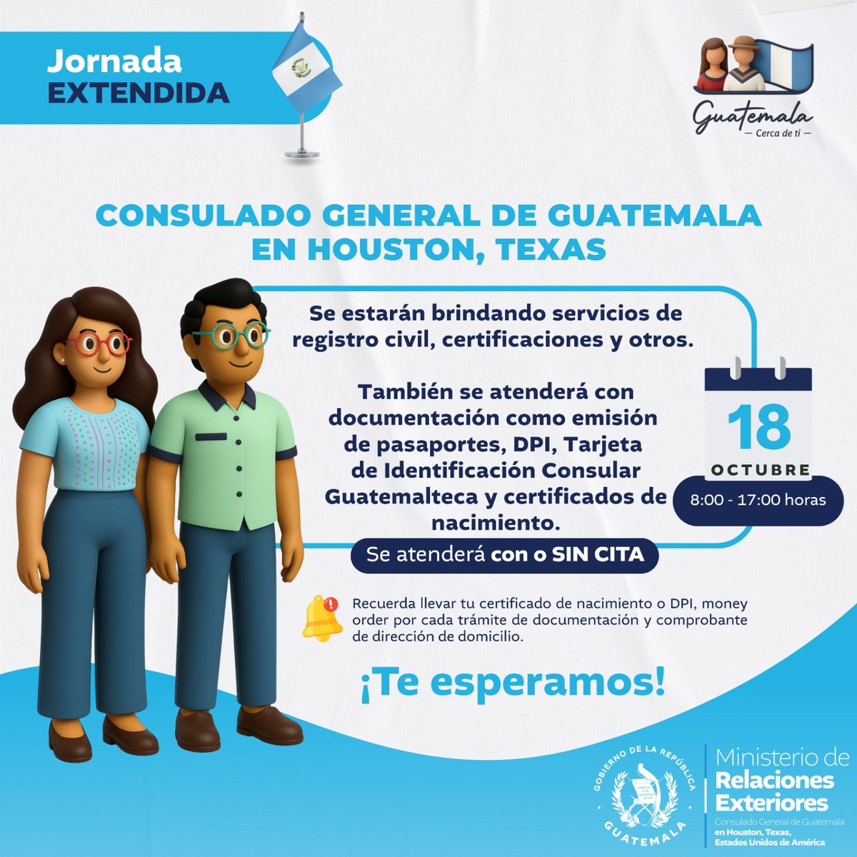 El Consulado General de Guatemala, Houston, Texas, continúa trabajando en beneficio de la comunidad guatemalteca, mediante una Jornada Extendida este sábado 18 de octubre, en la cual se estarán brindando todos los servicios consulares.#GuatemalaCercaDeTi📷
