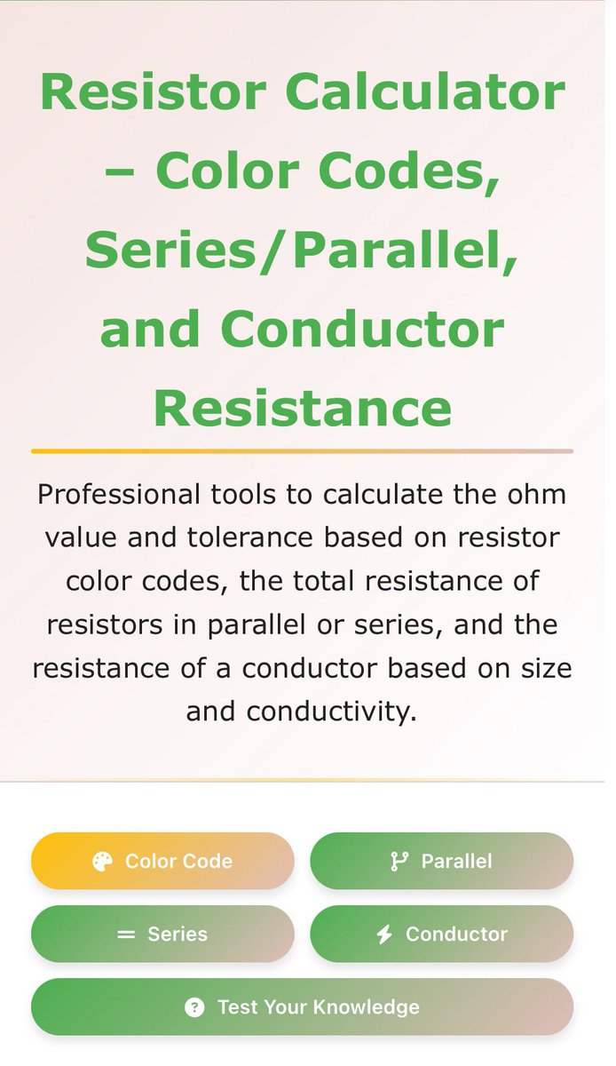 calculatorprem's tweet photo. Test Your Resistor Knowledge - Resistor Calculator – Color Codes, Series/Parallel, and Conductor Resistance

https://t.co/hXGwTsibDo

#electrical #electricalengineering #engineeringstudent #universitystudent #resistors #resistor https://t.co/vUOKh7VvR3