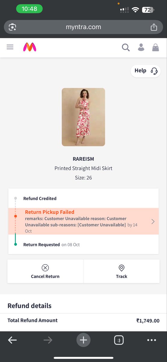 Got scammed by <a href="/MyntraSupport/">Myntra Support</a>  <a href="/myntra/">Myntra</a> I have requested return since 6 days no one is coming to pickup now today it was out for pickup but no one came and now showing Customer UnAvailable , whereas no one attempted the pickup.
What the hell is happening?
