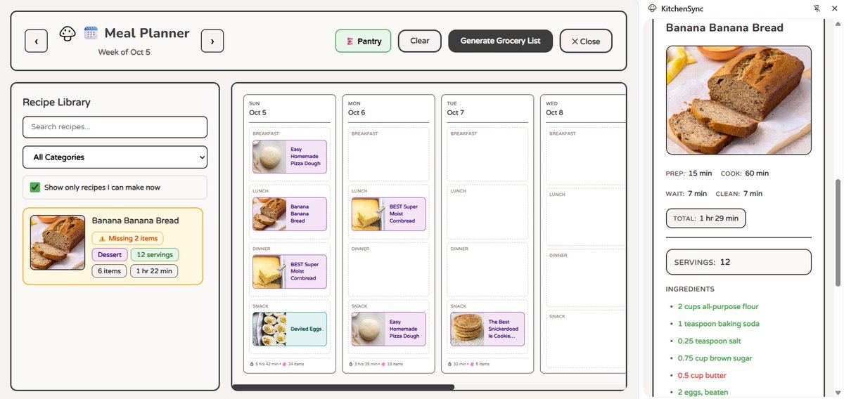 coding_updates's tweet image. Day 7: My new project!
Building KitchenSync, a Chrome extension that makes cooking easier:
🥣 Save clear recipes
🗓️ Plan meals
🛒 Auto-generate grocery lists
📱 Send recipes to yourself with QR codes
Sign up → kitchensyncextension.com
#mealplanner #recipes #cookingapp #cooking