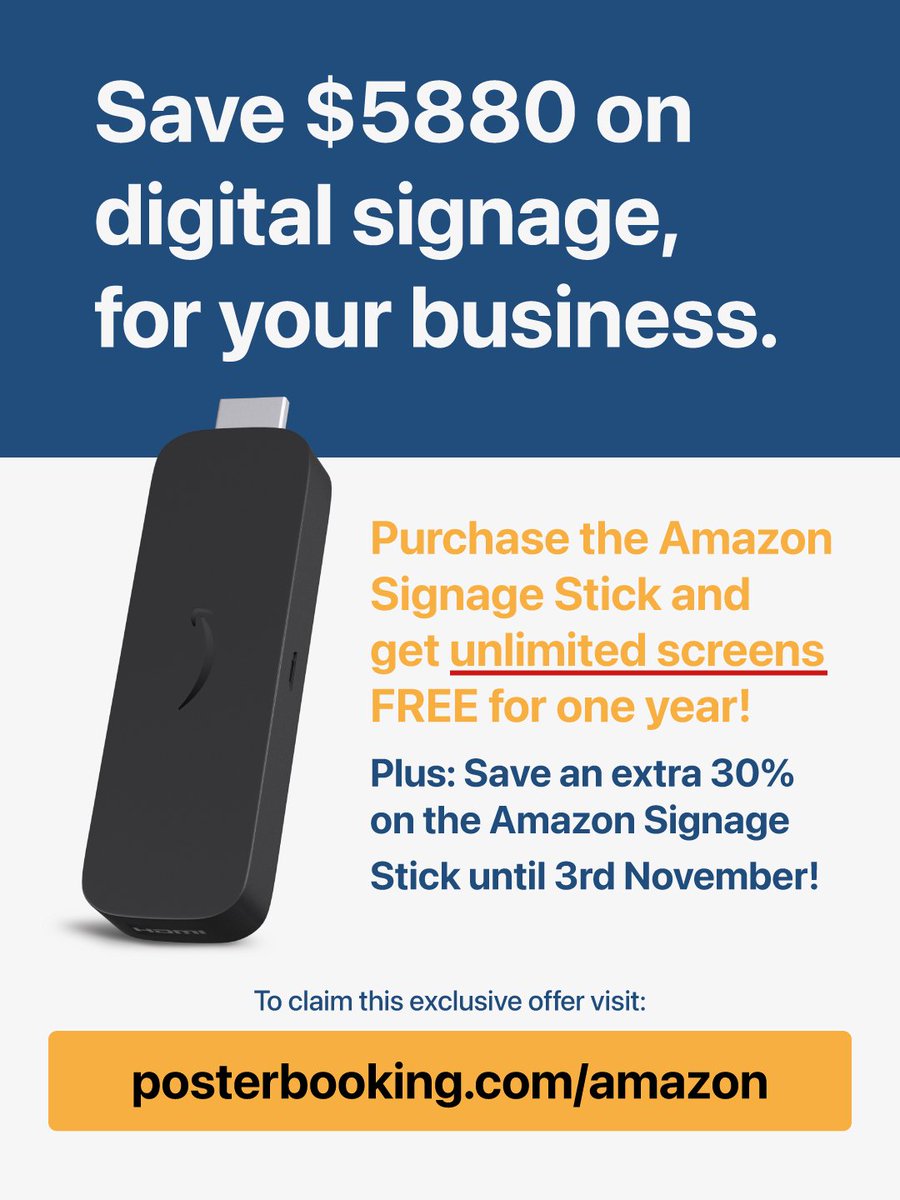 Purchase the Amazon Signage Stick and you'll get a free one year subscription to our Business Pro Package worth $5,880.

Set up unlimited screens for no cost at all!

PLUS! You can get an extra 30% off the Amazon Signage Stick when you visit posterbooking.com/amazon