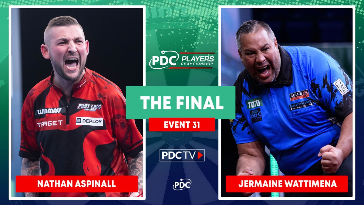 OfficialPDC's tweet photo. THE FINAL! ๐
Nine-dart king Nathan Aspinall will take on Jermaine Wattimena in the Players Championship 31 final!
Watch live on PDCTV from 1830 BST...
๐บ https://t.co/YyBPPwoMK8
#PC31 https://t.co/XR0JoCexJF