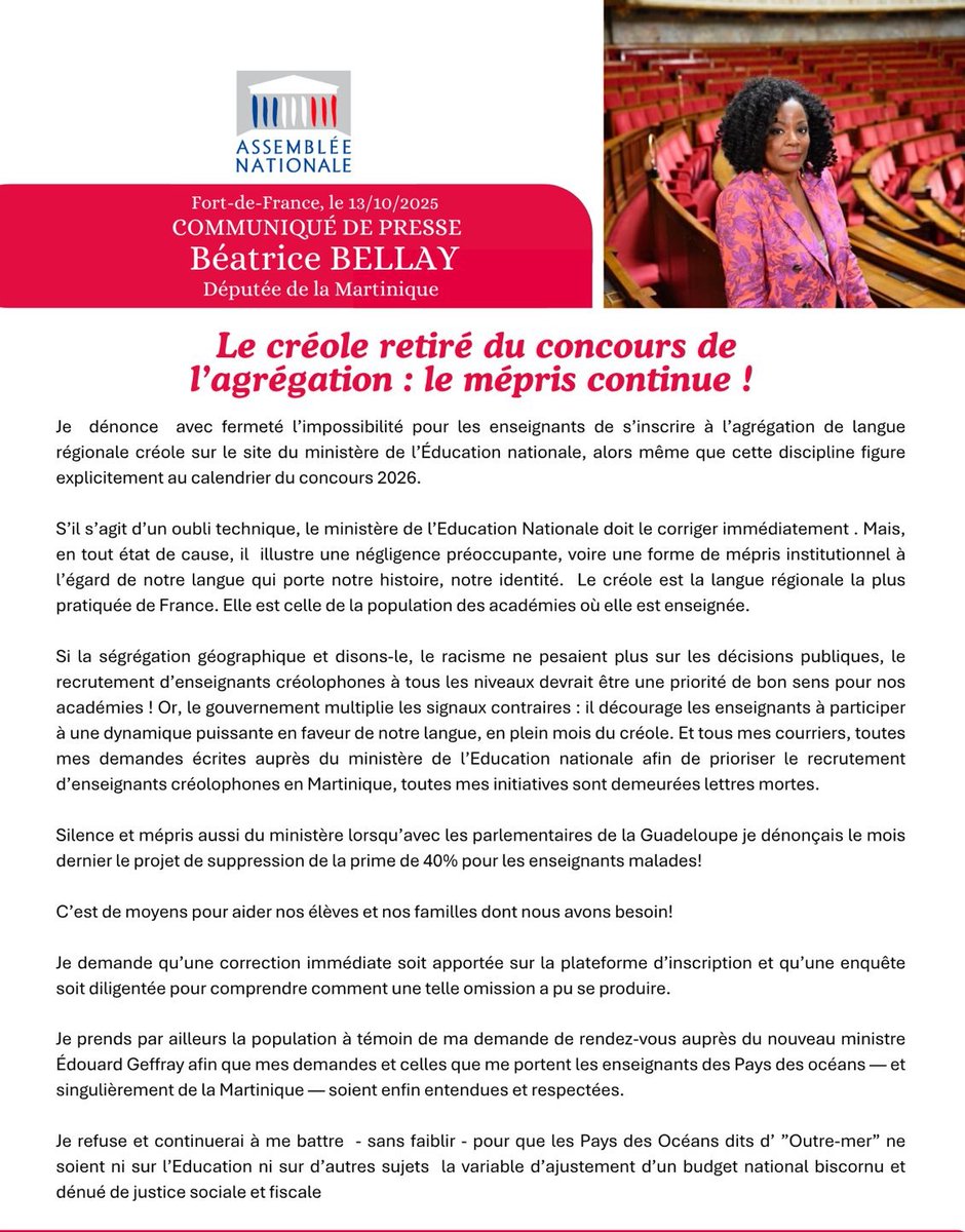 🇲🇶 #Martinique : La députée Béatrice Bellay dénonce avec fermeté le retrait du créole du concours de l’agrégation, estimant qu’il s’agit d’un « mépris institutionnel » envers une langue « porteuse de notre histoire et de notre identité ».

Elle a adressé un courrier au ministre