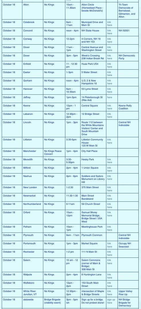 <a href="/WarClandestine/">Clandestine</a> Here is the No Kings schedule for #NH. Note there is enough room in the schedule allowing for travel for the exact same people to attend multiple rallies. Still no kings to be found, tho.