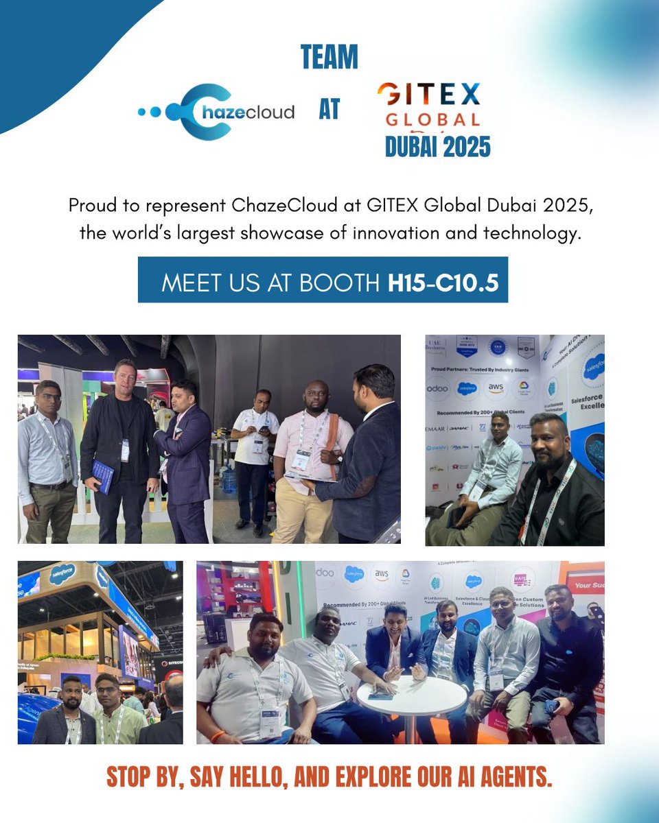 Excited to represent ChazeCloud at GITEX Global Dubai 2025!
Meet us at Booth H15–C10.5 and explore our latest AI agents.

Stop by, say hello, and let’s talk innovation!✨
#GITEX2025 #ChazeCloud #AI #Innovation #Technology
