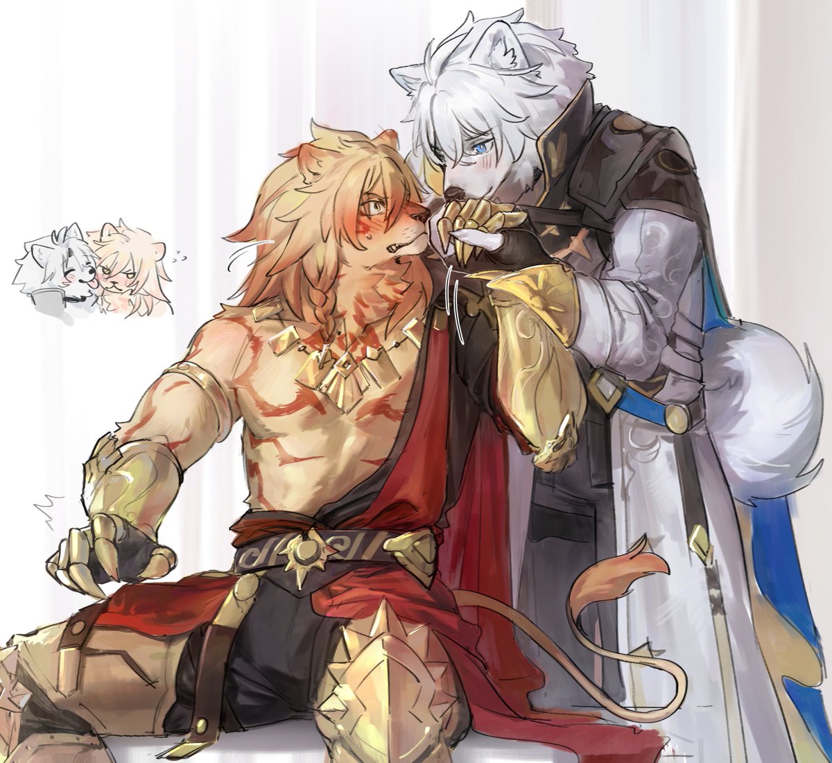 cotton_birb_'s tweet photo. The lion does in fact concern himself with the big fluffy dog 
#phaidei https://t.co/KXALXlaZVG