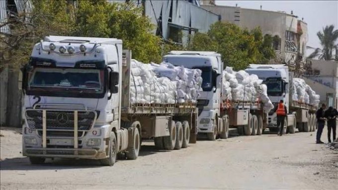 Multiple white Mercedes-Benz trucks loaded with large white bags are parked in a convoy on a dusty road flanked by green trees, beige buildings, and a chain-link fence. Two individuals in orange and blue safety vests stand near the trucks, one gesturing. The scene appears in a Middle Eastern urban area with clear skies and distant structures.