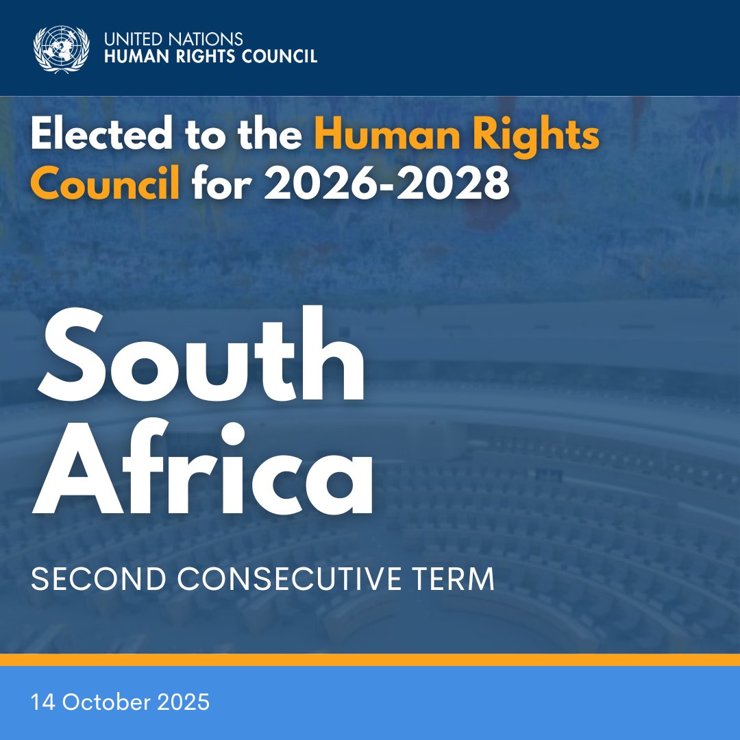 UN Human Rights Council (@un_hrc) on Twitter photo The <a href="/UN/">United Nations</a> General Assembly has elected #SouthAfrica as a member of the United Nations Human Rights Council (<a href="/UN_HRC/">UN Human Rights Council</a>) for a three-year term beginning on 1 January 2026. The <a href="/UN/">United Nations</a> General Assembly has elected #SouthAfrica as a member of the United Nations Human Rights Council (<a href="/UN_HRC/">UN Human Rights Council</a>) for a three-year term beginning on 1 January 2026.