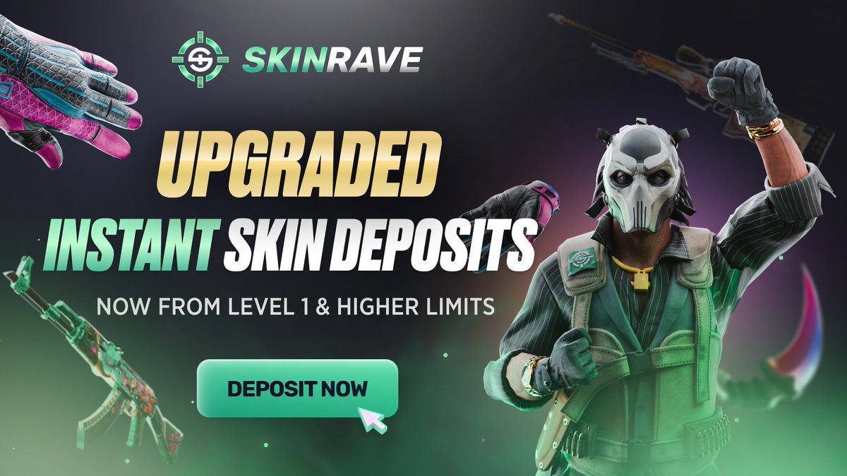skinravegg's tweet image. We have just upgraded our instant skin deposits significantly!
Level 1s can now receive up to $13.50 instantly from their skin deposits — plus huge new limits for our loyal players!
Head over to skinrave.gg/marketplace to see the huge difference in instant deposits.