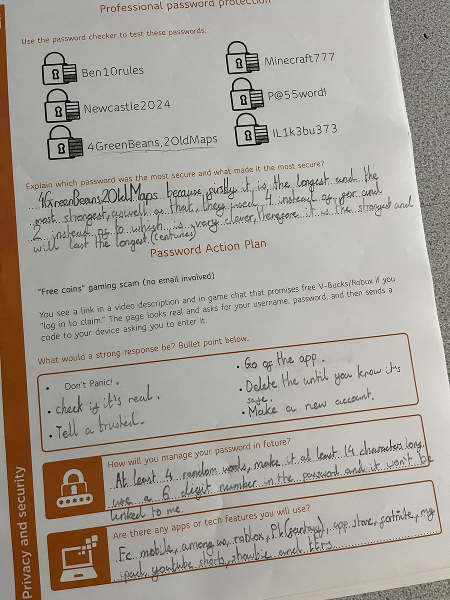MRMICT's tweet image. Today we explored what makes a strong password & why it matters. Using bitwarden.com/password-stren…, we tested examples & created their own criteria.
We found four random, unrelated words made the strongest passwords.
#OnlineSafety #PrimaryComputing #TaskDesign #ProjectEvolve