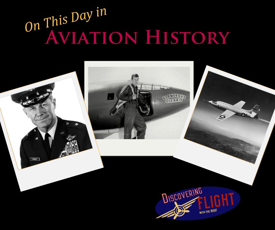 On October 14, 1947, Enshrinee Capt. Chuck Yeager became the first person to fly faster than the speed of sound, exceeding MACH 1 in the Bell X-1 aircraft, designed by fellow Enshrinee Lawrence Dale Bell's Bell Aircraft Company.

#AviationHistory #DiscoveringFlight #ChuckYeager