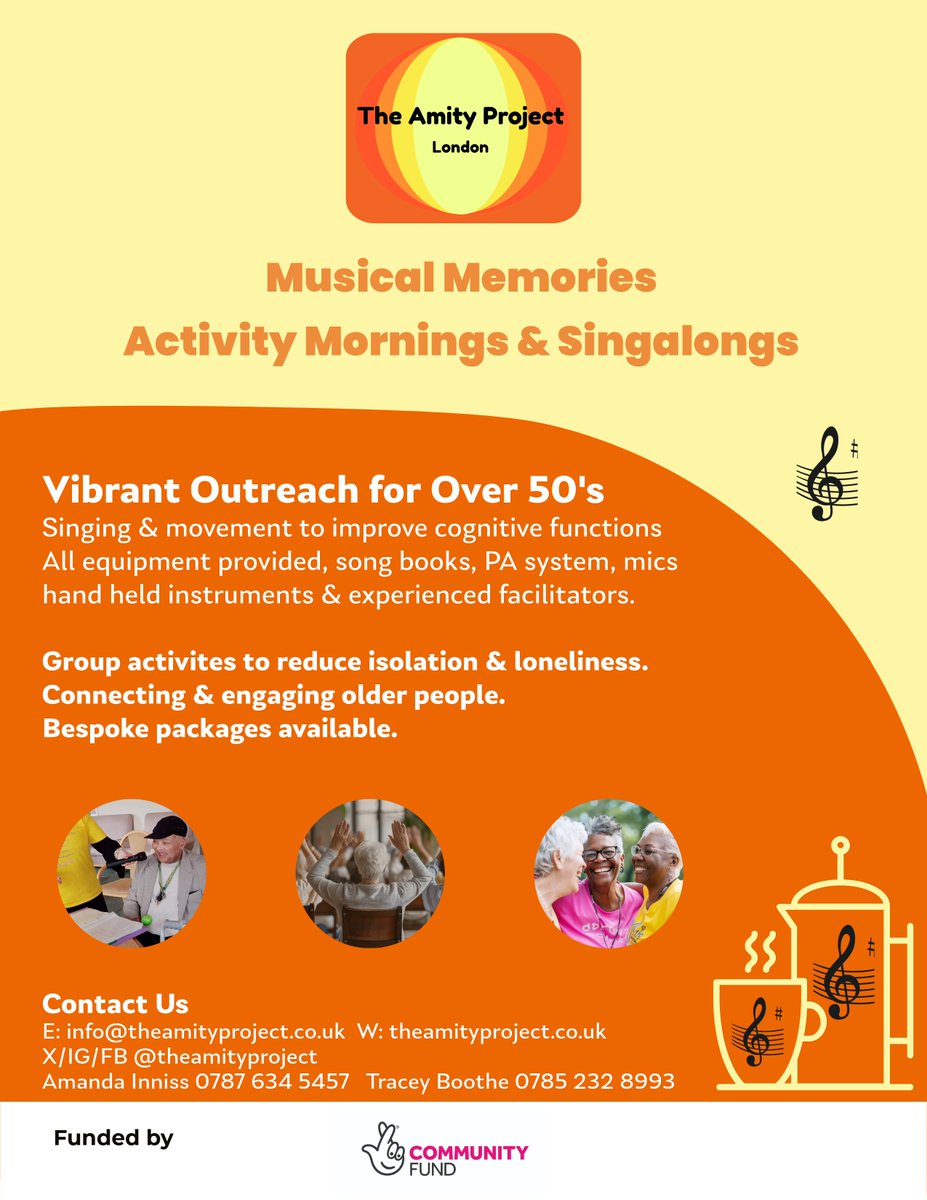 TheAmityProject's tweet image. Delighted to launch Amity in the Community, our outreach project engages &amp;amp; reduces social isolation for #olderadults, we sing, we dance, we reminisce! Many thanks to @TNLComFund for making this possible.   We bring #olderpeople together! #Livingwellinlaterlife
#Over50's