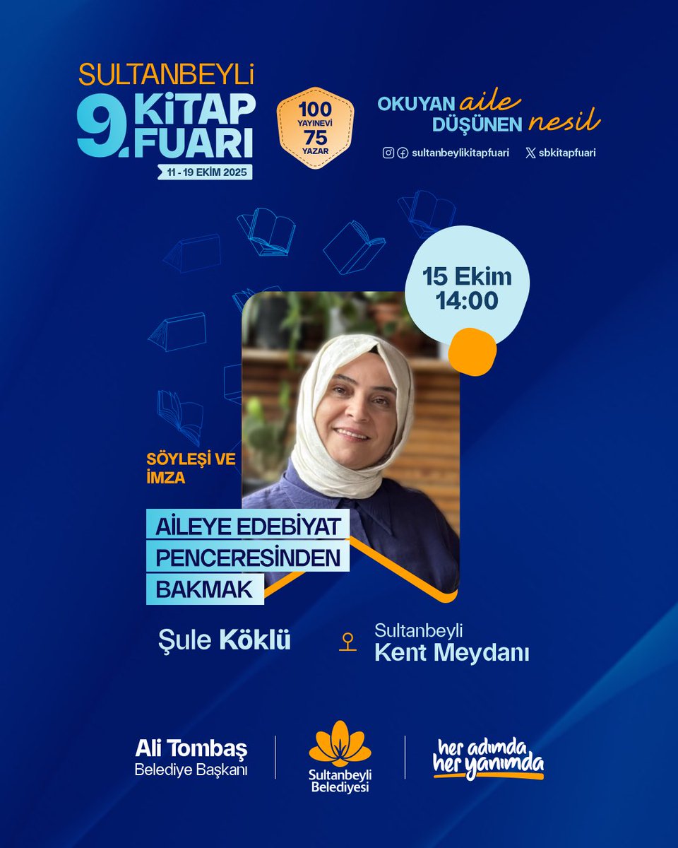 SultanbeyliBel's tweet photo. Yazar Şule Köklü, söyleşi ve imza etkinliğiyle 9. Sultanbeyli Kitap Fuarı’nda okurlarıyla buluşuyor. 📚

Tüm kitapseverleri bekleriz.

📆15 Ekim Çarşamba
🕑14.00
📍Sultanbeyli Kent Meydanı https://t.co/KooFCPjyoL