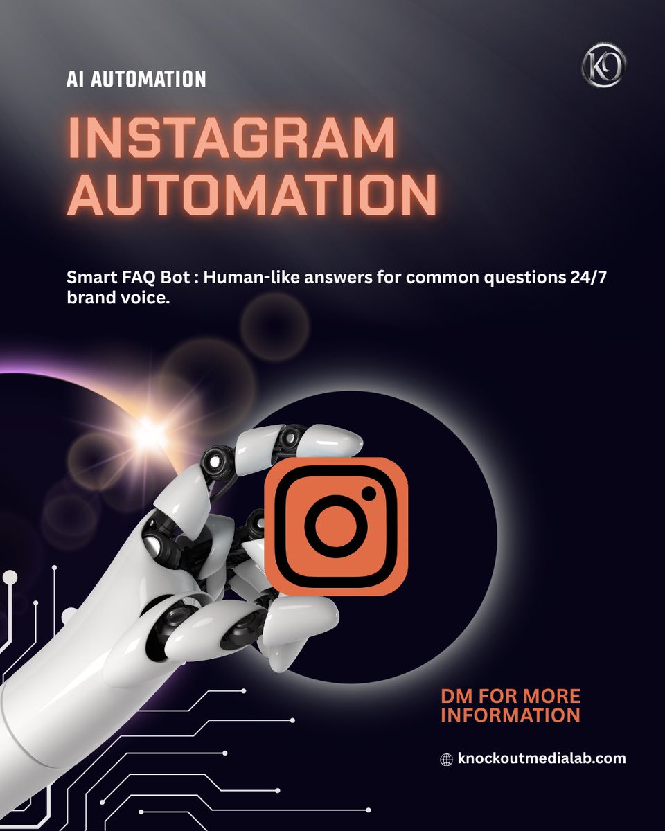 KnockOutML's tweet photo. With Instagram Automation, you can answer FAQs, handle customer queries, and stay on-brand 24/7. Whether it’s product questions, order tracking, or service info, your smart chatbot replies instantly (and like a human). 
More replies. Less effort. Zero burnout. https://t.co/vO4qEPqmrk