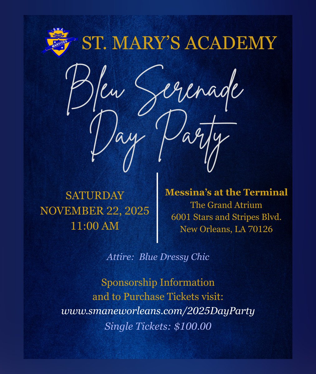 MARYITECENTRAL's tweet photo. Dress in your best blue and join us for a day party like no other 💙

SMA’s Bleu Serenade Day Party blends elegance, energy, and impact.

🎟️https://t.co/tdnVpoob7X
#BleuSerenade #DayParty #SMANewOrleans https://t.co/97rCfCTaUA
