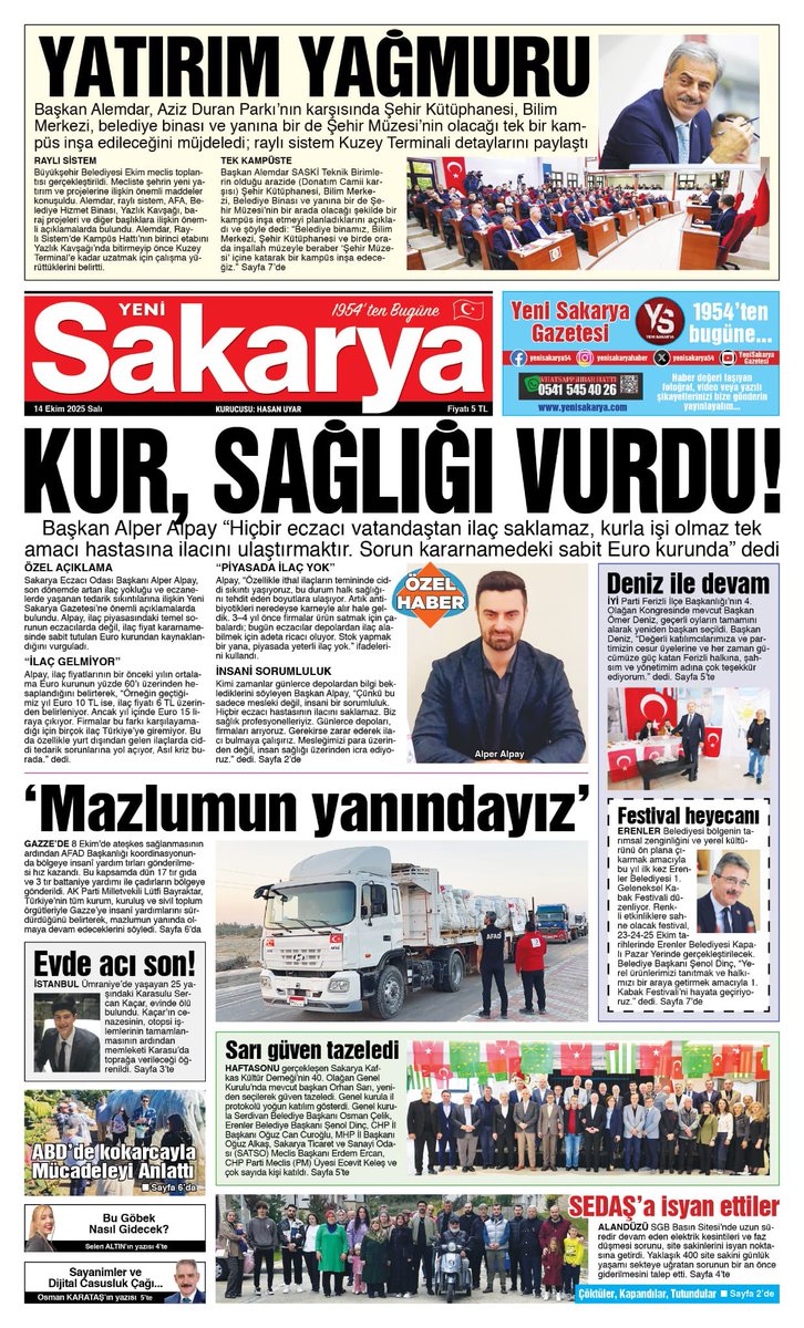 Alper_Alpay's tweet photo. İlaç yokları ve kur krizinin eczaneleri  zorlaması, kur baskısının ilaç tedariğini durma noktasına getirmesi ve eczanelerin bu süreçte halk sağlığı için verdiği mücadele hakkında Yeni Sakarya gazetesine verdiğimiz mülakat manşette yer aldı. https://t.co/DiZXEAc8Fg