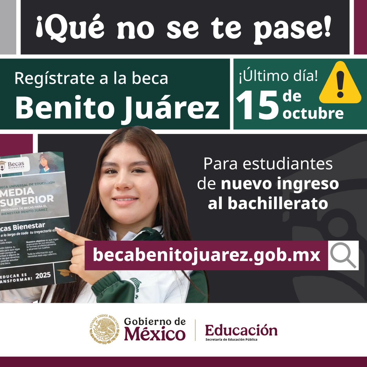 🚨Atención, estudiantes de nuevo ingreso al #Bachillerato.

¡Última llamada! Si eres un estudiante de nuevo ingreso a nivel medio superior regístrate para obtener la Beca #BenitoJuárez. 📝

#EducaciónMediaSuperior

<a href="/SeducEdoMex/">Educación, Ciencia, Tecnología e Innovación</a>
<a href="/SEMSedomex/">SEMS</a>