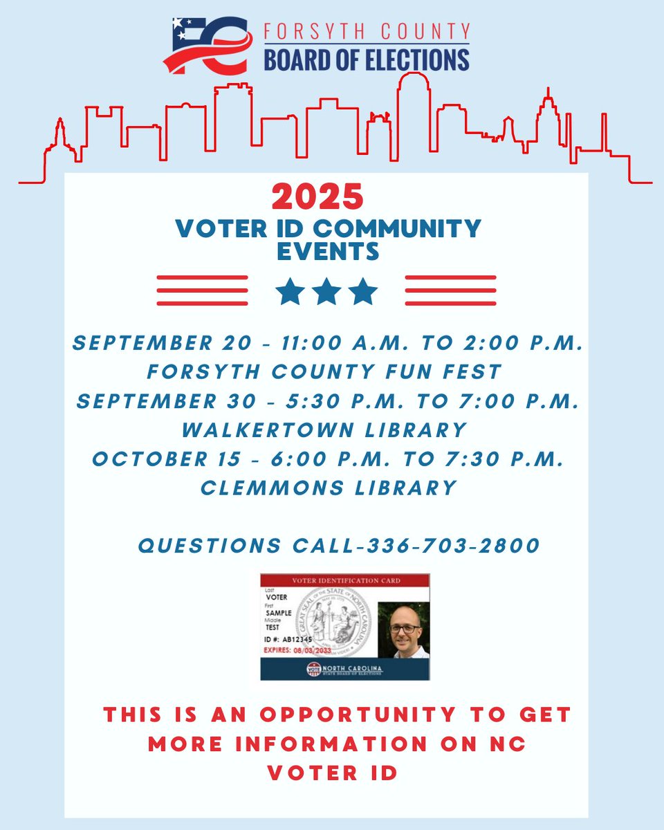 Join us tomorrow, October 15, from 6 pm to 7:30 pm at Clemmons Library to apply for a photo ID and learn more information North Carolina's voter ID requirements! #fcvotes