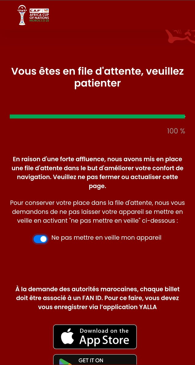 Le plus grand fiasco au quel j'ai assisté pour une vente de billet. 🤡🇲🇦

- File d'attente de minutes à 15h30 pour ? Redémarrage de la file d'attente une fois 100% atteint. 🤬
- Re file d'attente depuis 16H, 19h34 et absolument rien ne se passe depuis 20 minutes. 👏🏼

HONTEUX.
