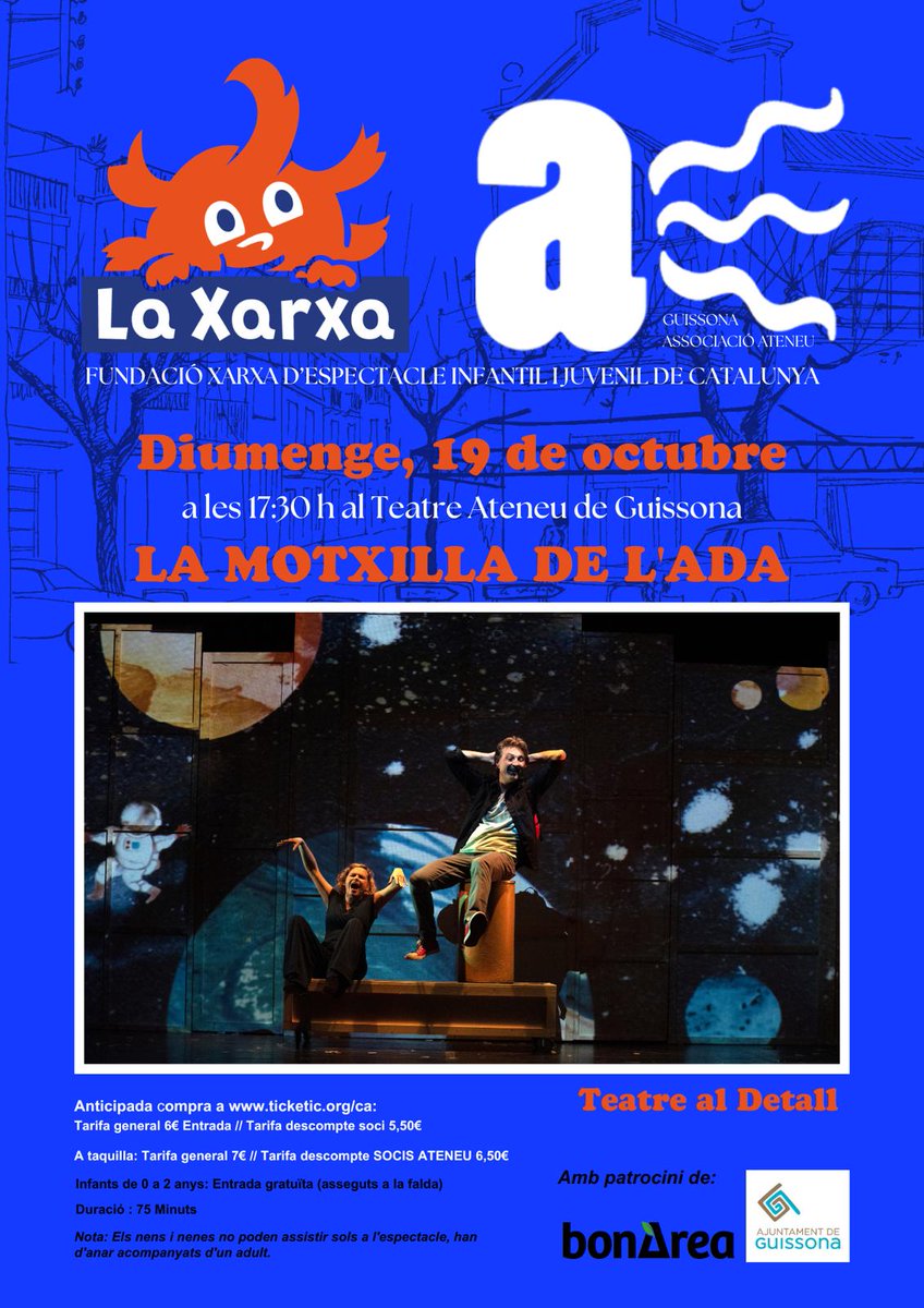AteneuGuissona's tweet photo. 🎉 Aquest cap de setmana nova activitat de la @fundacioxarxa a l'Ateneu de #Guissona amb l'espectacle 'La Motxilla de la Vida' de la Companyia Teatre @teatrealdetall

📅 19 d'octubre 
⏰️17:30h

👉Patrocini de Bon Àrea i @AJGuissona

 👉 Entrades a 📲 https://t.co/I7ypzn51ba https://t.co/tasI8XLYSL