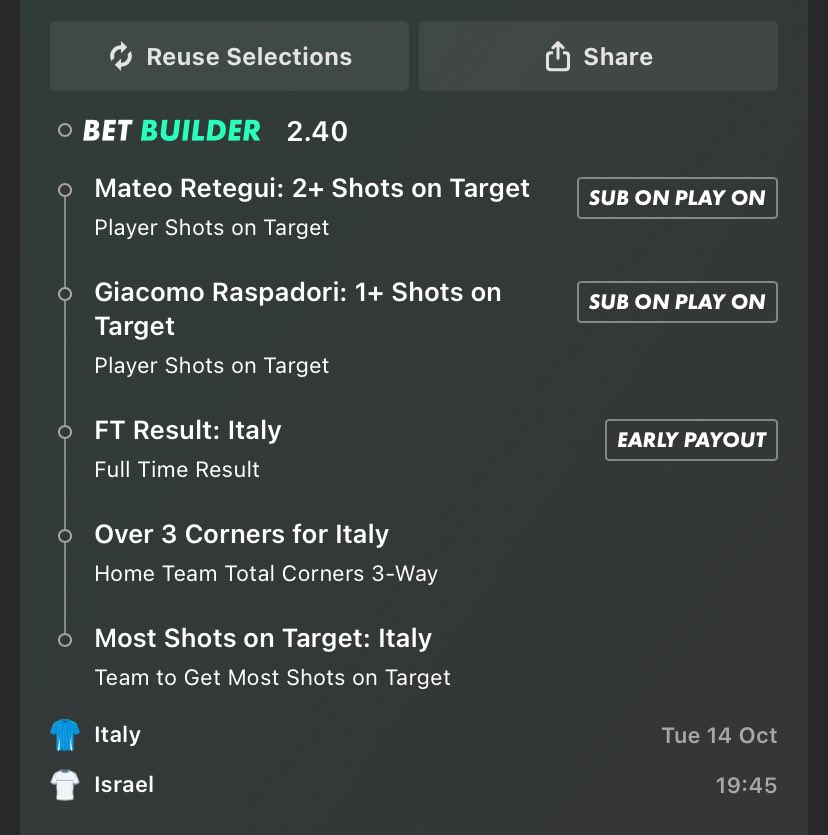 rit3489's tweet image. Italy Israel betbuilder
#ITAISR 
#VivoAzzurro