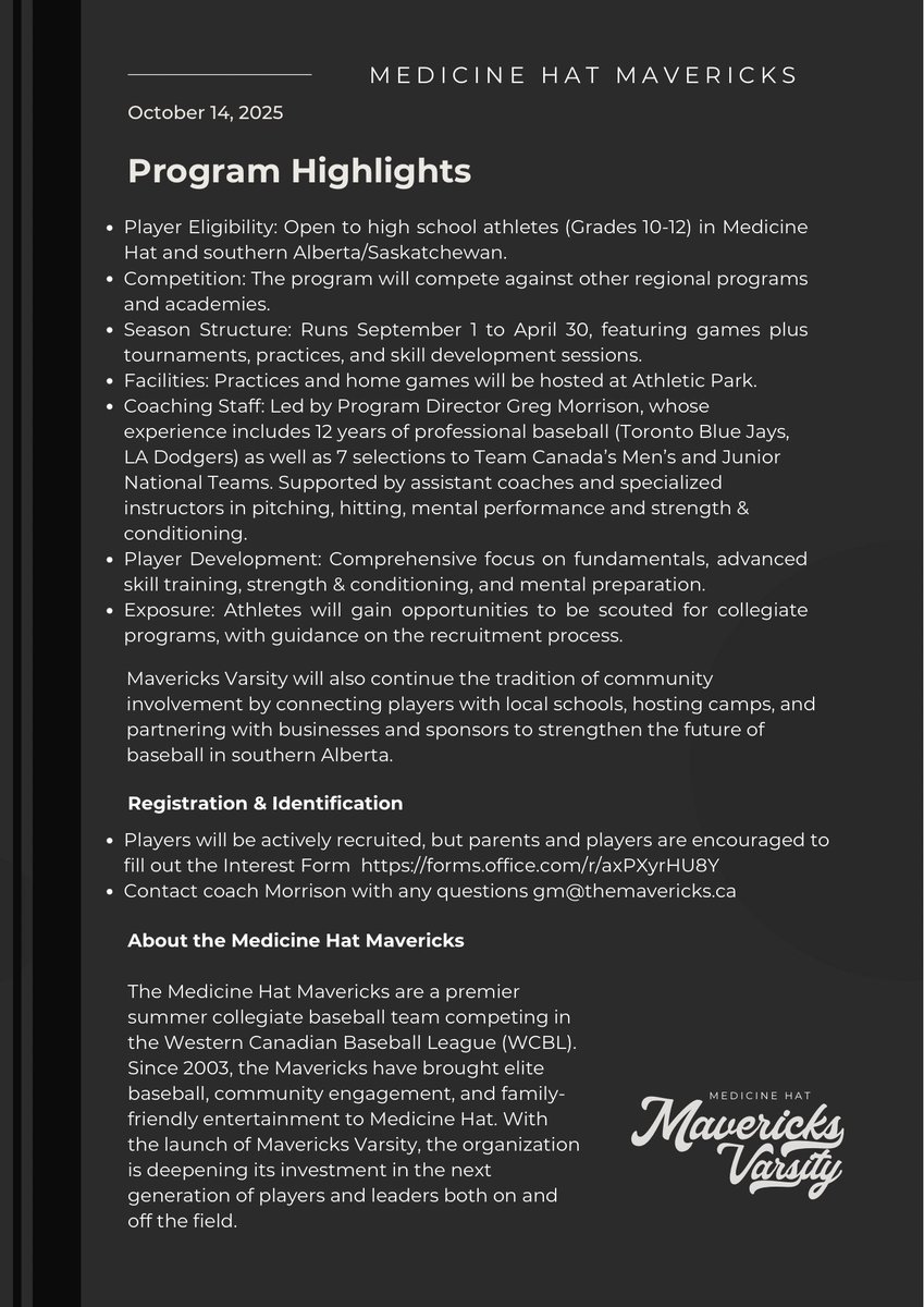 Medicine Hat Mavericks Launch New Mavericks Varsity Program to Develop Local High School Baseball Talent

Medicine Hat, AB – [October 14th, 2025]

#medhat