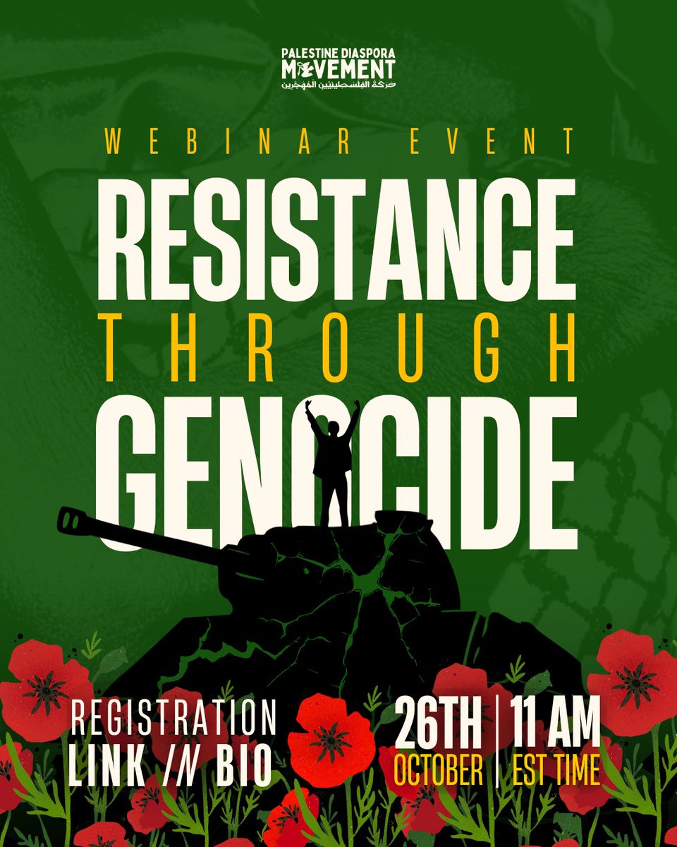 paldiasporamvmt's tweet photo. 🔔 WEBINAR: Resistance Through Genocide. Join the us w/ Fadi Quran &amp; Chris Kunzler to unpack how Oct 7 fits into a century of Zionist colonization, why resistance is legitimate, &amp; how our gen can organize w/ clarity + purpose.

🗓 Sun Oct 26, 11 AM EST - Registration in our bio. https://t.co/rxqb55c8W6