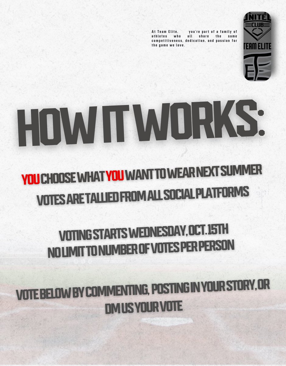 TOMORROW WE VOTE 🙌

You choose the uniform combo you wear next summer! 

This year -

Throwback striped Team Elite (worn winning the MET Classic)
Classic White Pinstripes 
Charcoal Pinstripes 
AZ DBacks (AZ logo replaced with TE)

No limit to your votes - we start tomorrow!