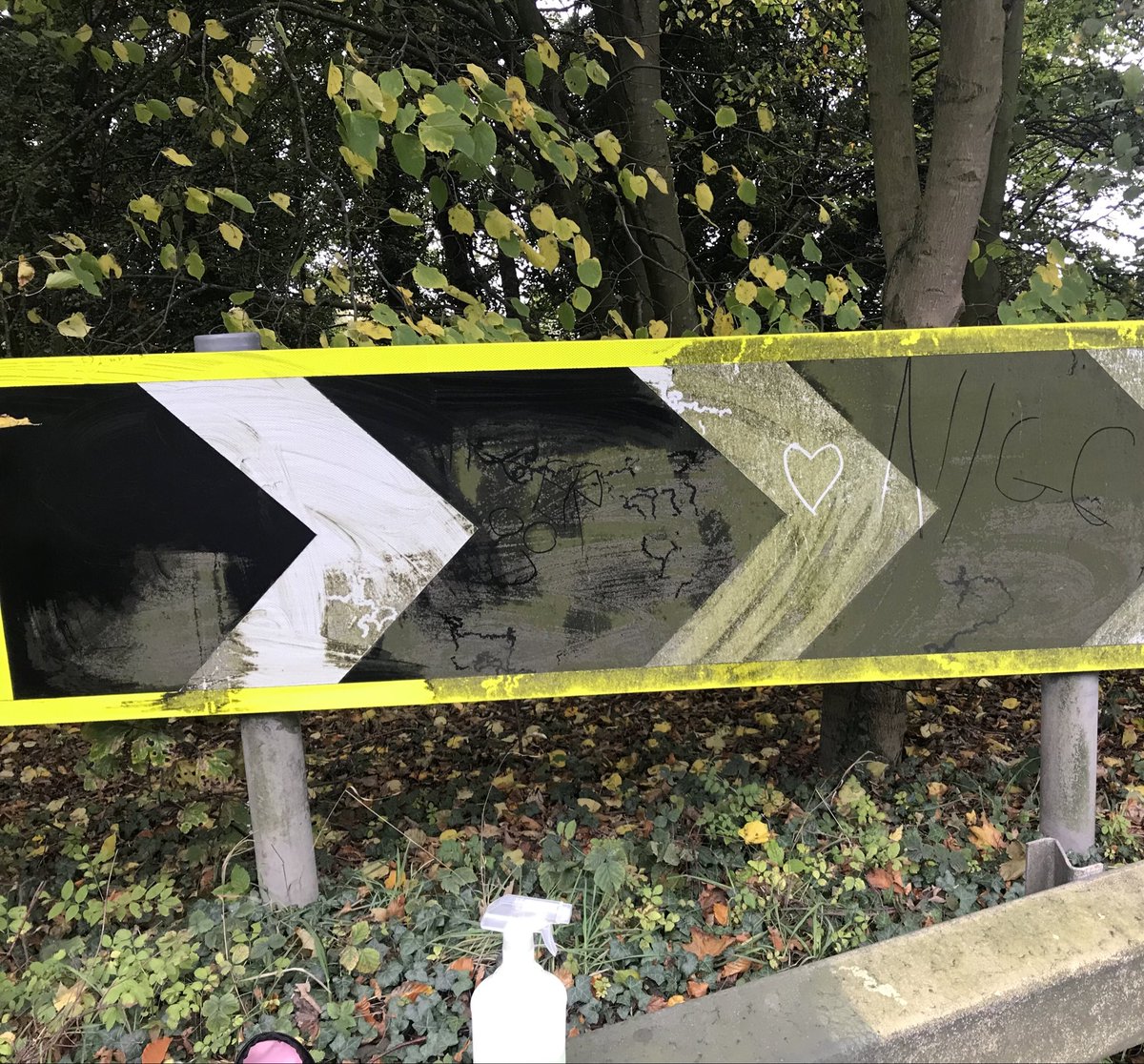 FrogSlimey's tweet image. Taking inspiration from my hero @mike56200 to tackle the filthy signage on a very dangerous bend. I forgot to do a before pic so did a “during pic” - also hadn’t notice a very unpleasant word scrawled in the dirt! At least now vehicle headlights can see a sharp bend up ahead! 🧵