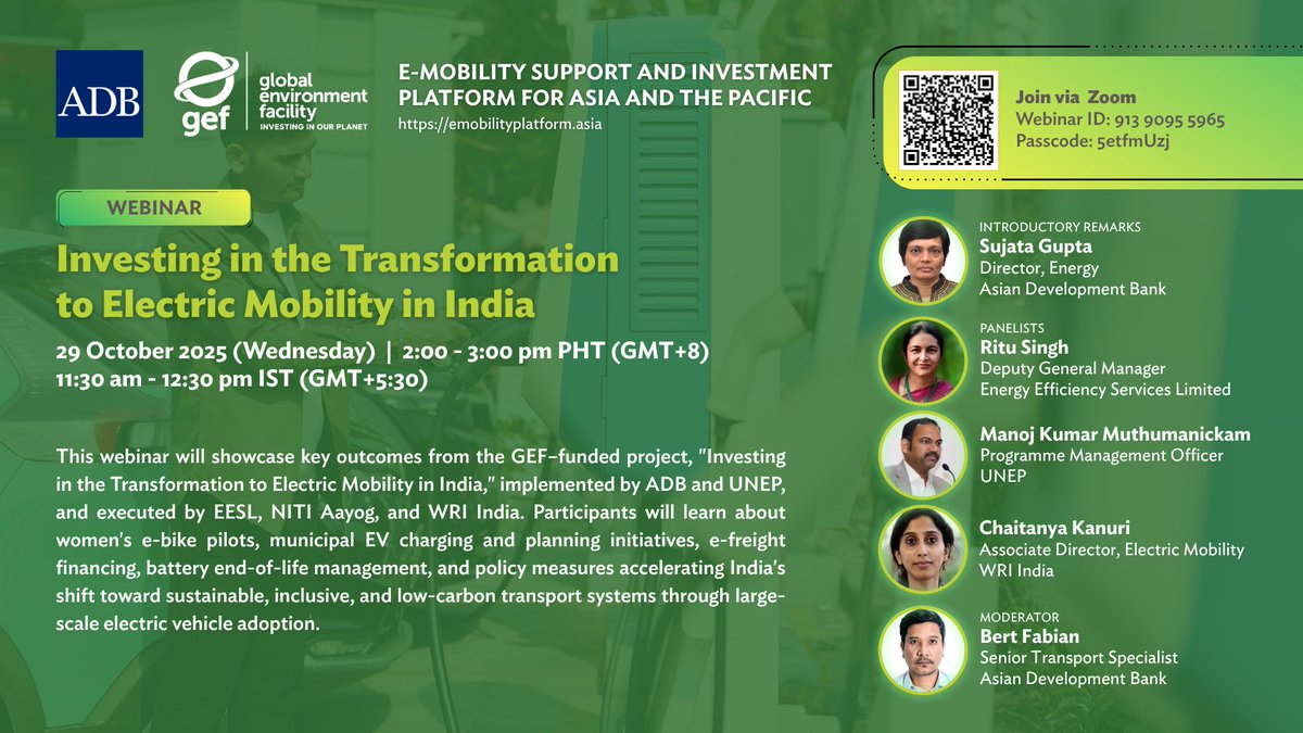 ADB Transport (@adbtransport) on Twitter photo #Emobility is accelerating India’s shift toward #lowcarbon #transport. Join our 29 Oct webinar to learn how <a href="/theGEF/">Global Environment Facility (GEF)</a>-funded pilots on women’s #ebikes, #EV charging, and e-freight financing are advancing this transition and inspiring action.
➡️ Learn more: bit.ly/4ofzRf1 #Emobility is accelerating India’s shift toward #lowcarbon #transport. Join our 29 Oct webinar to learn how <a href="/theGEF/">Global Environment Facility (GEF)</a>-funded pilots on women’s #ebikes, #EV charging, and e-freight financing are advancing this transition and inspiring action.
➡️ Learn more: bit.ly/4ofzRf1