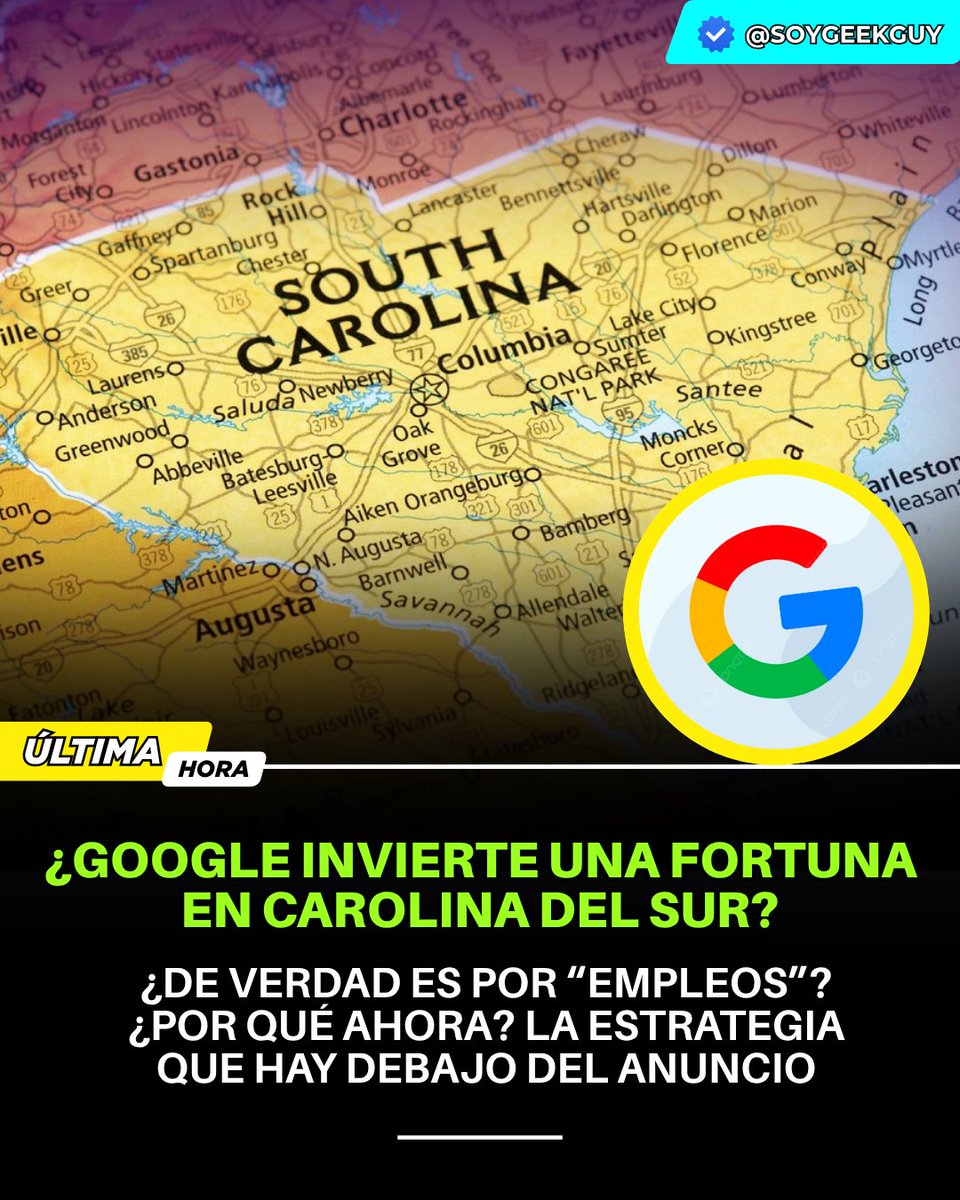 soygeekguy's tweet image. 🚀 ¡Atención Carolina del Sur! Google invertirá $9B hasta 2027 para expandir su campus en Berkeley y abrir nuevos sitios en Dorchester. Esto fortalecerá la región como un hub de nube e IA. 💼👩🔧 #Google #DataCenter #InteligenciaArtificial #Nube #EmpleoTech #SouthCarolina