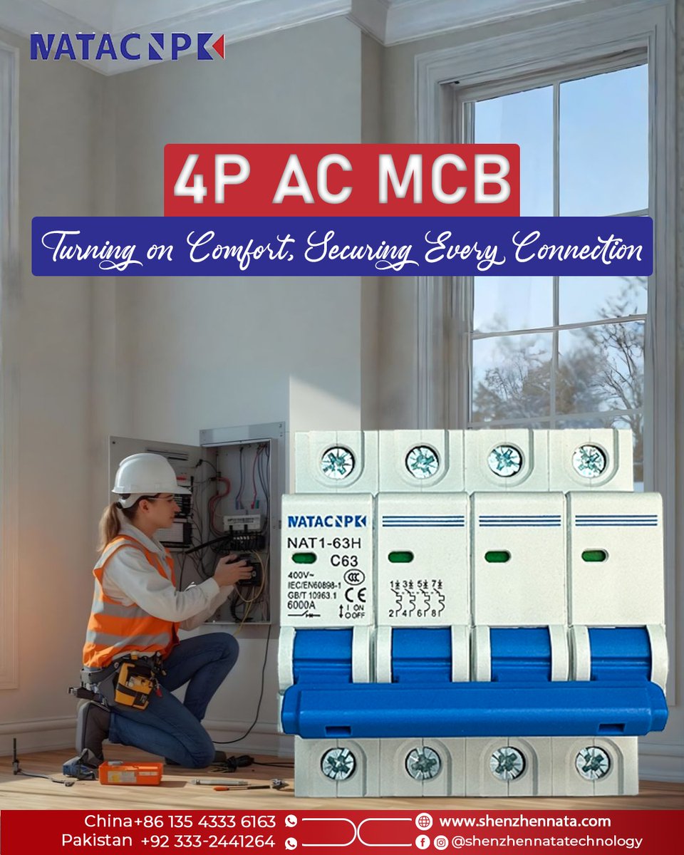 ShenzhenNata's tweet image. Powering safety with innovation. 🔧

4P AC MCB Turning on comfort, securing every connection.
Reliable protection, premium quality, and performance you can trust.
🌐 Shenzhennata.com
.
.
#ShenzhenNataTechnology #NATACPK #PowerProtection #ElectricalSafety #SmartEnergy