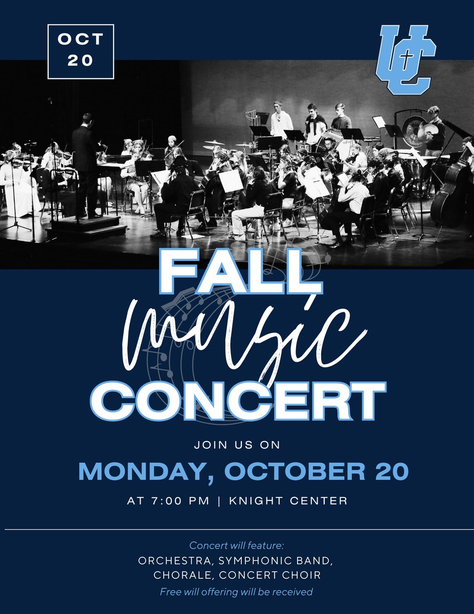 FALL CONCERT! 🎶

The Music Department of Unity Christian will present its Fall Concert on Monday, October 20, at 7:00 in the Knight Center.

A free-will offering will be received.

#uchslife #uchsmusicdepartment #uchsfallconcert2025