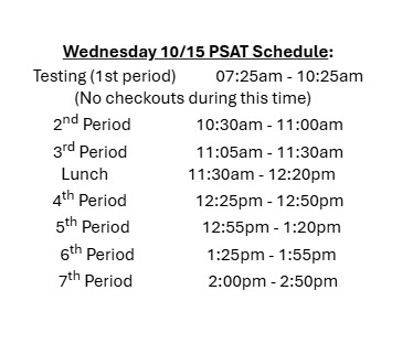 PSAT is tomorrow Wednesday 10/15