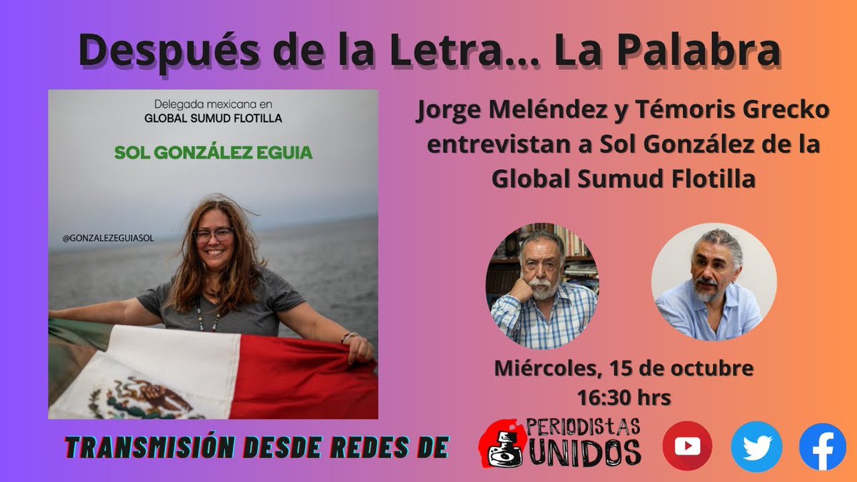 Periodistas Unidos (@periodistasu) on Twitter photo 📅 Mañana, 15 de octubre | 🕟 4:30 pm
🎙️ Jorge Meléndez <a href="/jamelendez44/">Jorge Meléndez</a> y Témoris Grecko <a href="/temoris/">Témoris Grecko</a> entrevistan a Sol González de la Global Sumud Flotilla. <a href="/gbsumudflotilla/">Global Sumud Flotilla</a>
Además:
🟣 Layla Sánchez Kuri: Feminismo <a href="/TREMENDALAYLA/">LAYLAS SÁNCHEZ KURI</a>
⚽ Luis Alonso: Deportes <a href="/Abuelo_NFL/">Luis Alonso López</a>
🎭 Samuel 📅 Mañana, 15 de octubre | 🕟 4:30 pm
🎙️ Jorge Meléndez <a href="/jamelendez44/">Jorge Meléndez</a> y Témoris Grecko <a href="/temoris/">Témoris Grecko</a> entrevistan a Sol González de la Global Sumud Flotilla. <a href="/gbsumudflotilla/">Global Sumud Flotilla</a>
Además:
🟣 Layla Sánchez Kuri: Feminismo <a href="/TREMENDALAYLA/">LAYLAS SÁNCHEZ KURI</a>
⚽ Luis Alonso: Deportes <a href="/Abuelo_NFL/">Luis Alonso López</a>
🎭 Samuel