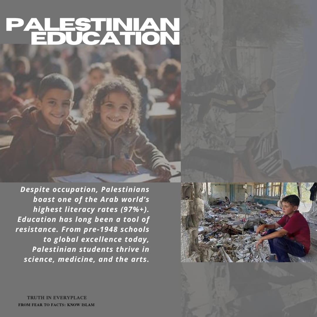 Did you know? 🇵🇸 Despite decades of occupation, Palestine once had one of the Arab world’s highest literacy rates over 97%. Education has always been their form of resistance. 📚✊
#knowpalestine #palestinianeducation
#truthineveryplace #fromfeartofacts
#palestinewillrise