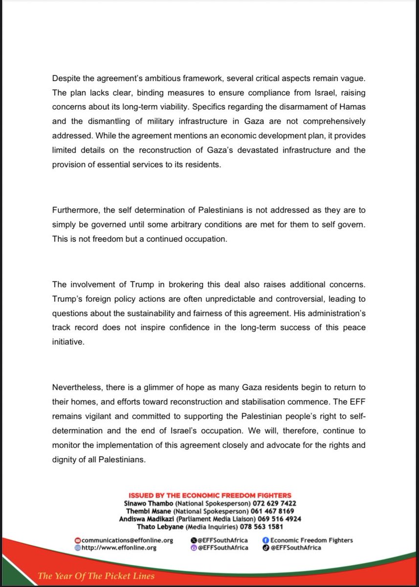 EFFSouthAfrica's tweet image. The EFF’s Statement on New Gaza Deal

-The involvement of Trump in brokering this deal also raises additional concerns. Trump’s foreign policy actions are often unpredictable and controversial, leading to questions about the sustainability and fairness of this agreement. His…