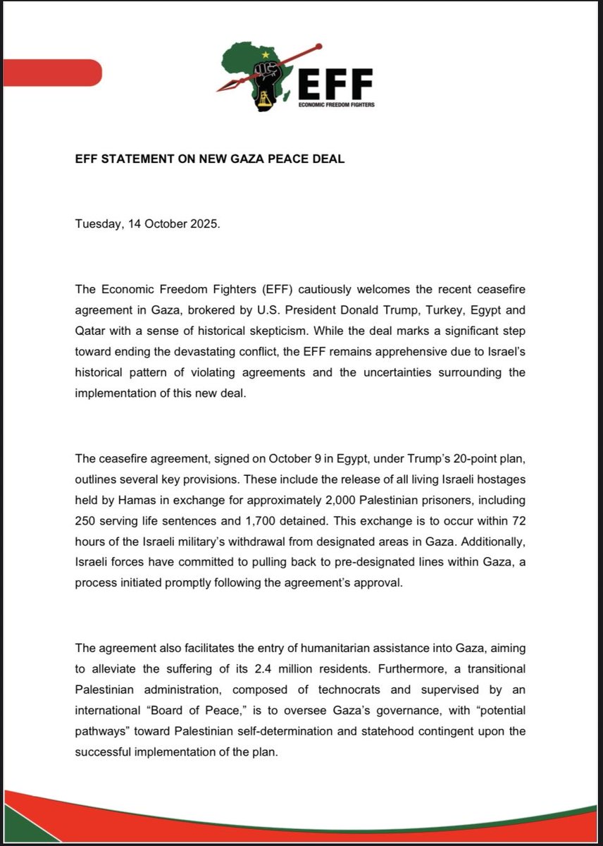 EFFSouthAfrica's tweet image. The EFF’s Statement on New Gaza Deal

-The involvement of Trump in brokering this deal also raises additional concerns. Trump’s foreign policy actions are often unpredictable and controversial, leading to questions about the sustainability and fairness of this agreement. His…