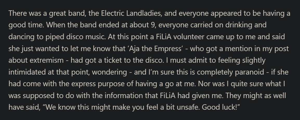 AjaTheEmpress's tweet image. No, I’m sorry, this is absolutely outrageous @millihill and @FiLiA_charity
Why are people running around warning others of my presence as if I’m any kind of threat?
I got a ticket to the disco along with my full weekend conference ticket, which I paid for. The fact that you…