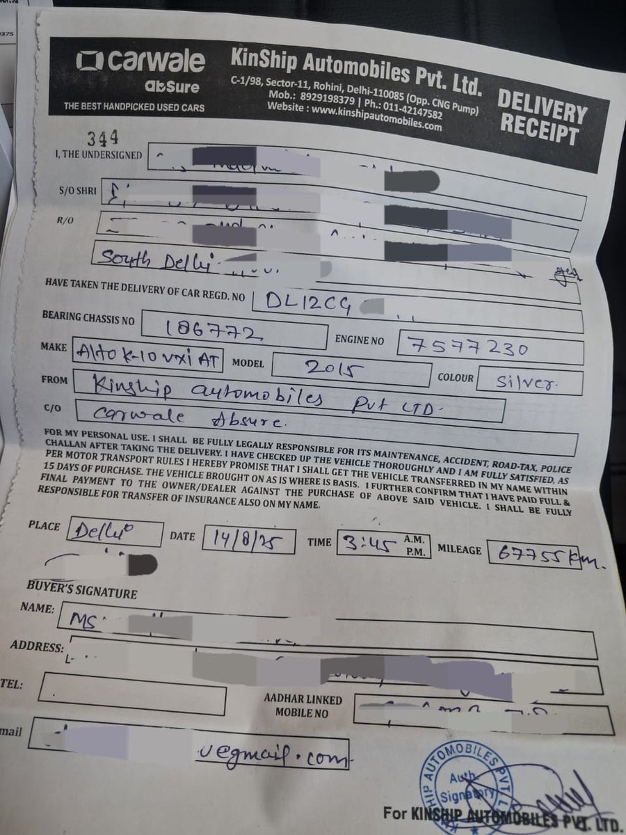cheri_ind's tweet photo. Complaint against 
@CarWale 
 
@mudgal 
 
(part 1)  
Very pathetic experience. I bought a car from Carwale abSure Kinship Automobiles on Aug 25(doc is attached for referenc). And the problem is started within few days. 
@jagograhakjago 
 
@consumr_rights 

Kindly read cont. posts https://t.co/CODFot9nqy